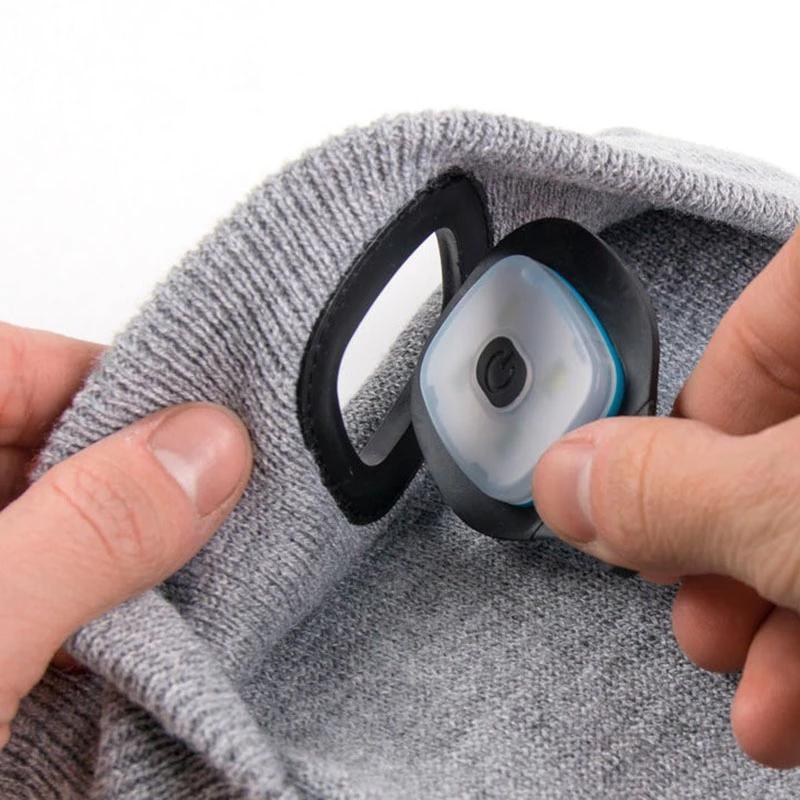 Unisex gray LED knitted winter beanie hat, warm acrylic, perfect for camping, running, and hiking