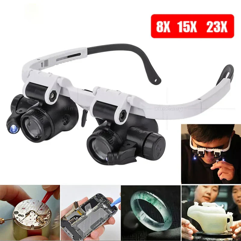 TavvitaImp009 optical headband magnifier with adjustable LED lights and 8x-23x zoom lenses.