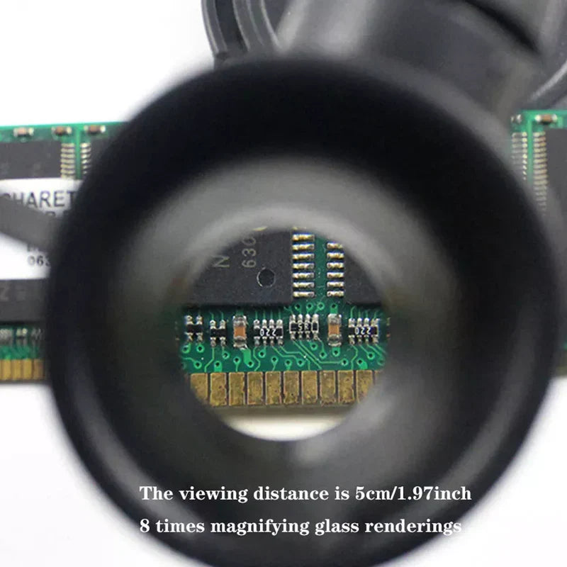 Adjustable headband magnifier with 8x, 15x, 23x optical zoom and dual LED lighting for clarity.