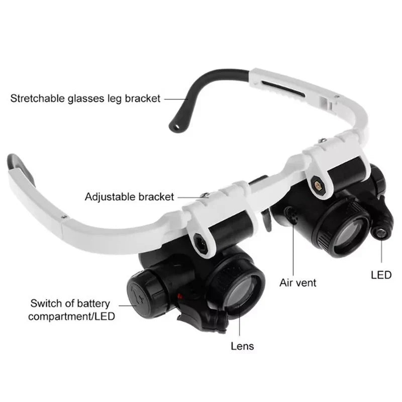 Unisex LED magnifier with multiple lenses (8x, 15x, 23x) for hands-free close-up work.