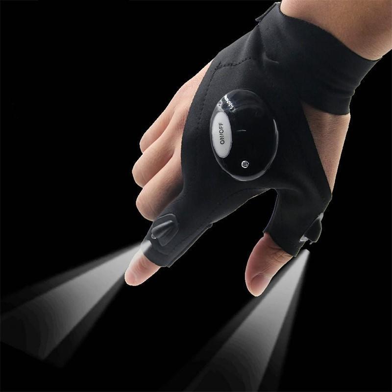 Unisex LED Waterproof Utility Gloves for fishing & camping, hands-free light, black, close up, in use