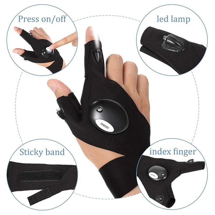 Hands-free LED waterproof utility gloves, black, worn by a person, showing integrated LED lights