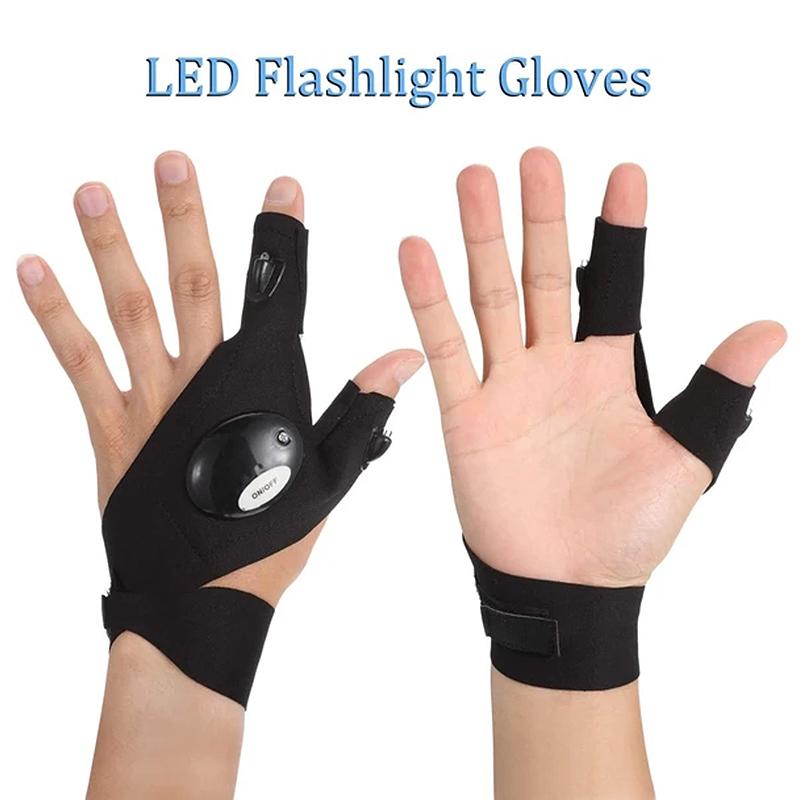 Pair of black waterproof utility gloves with built-in LED lights for enhanced visibility & tasks