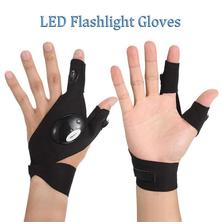 Pair of black waterproof utility gloves with built-in LED lights for enhanced visibility & tasks