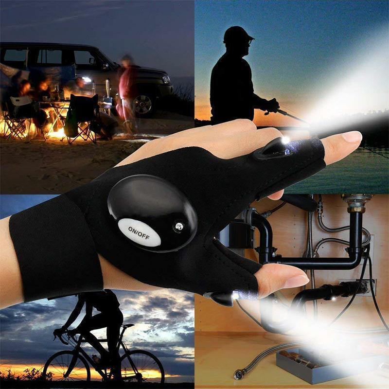 Close-up of the LED lights on waterproof utility gloves, glowing brightly for outdoor activities