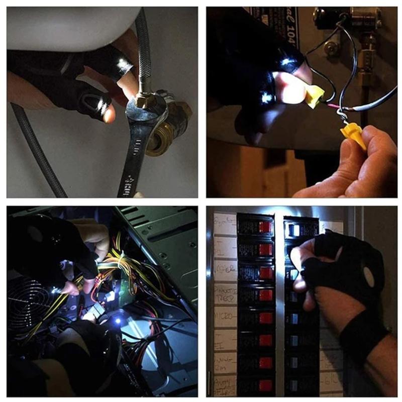Black unisex waterproof utility gloves with LED lights, showing durable material and practical use
