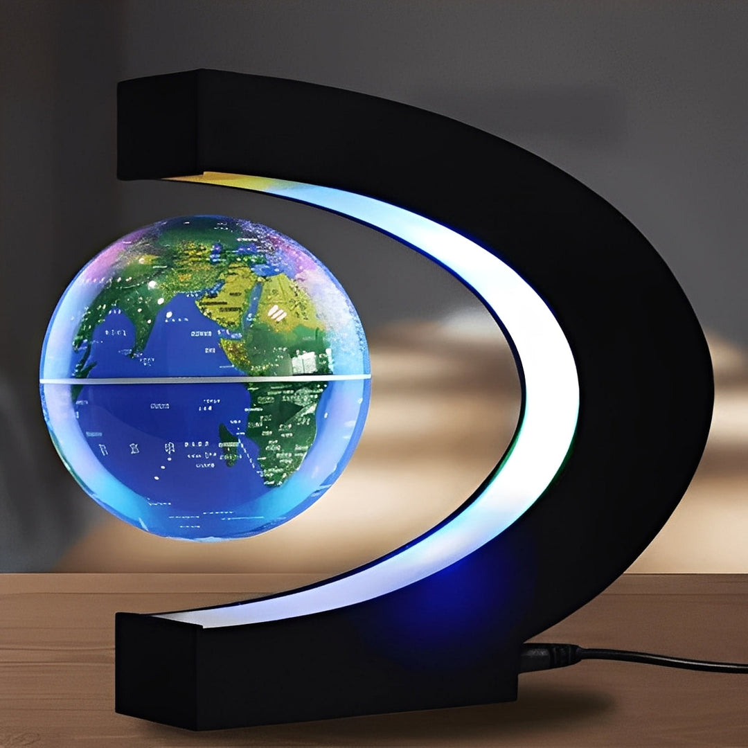 Unisex levitating globe with vibrant LED light, perfect modern desk decor & unique home gadget. Magnetic spinning world map.