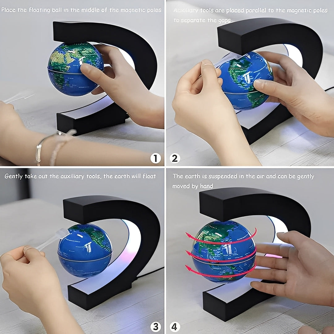 Magnetic levitating globe with LED light, an educational tech gift. Modern office or home decor with a spinning world map.