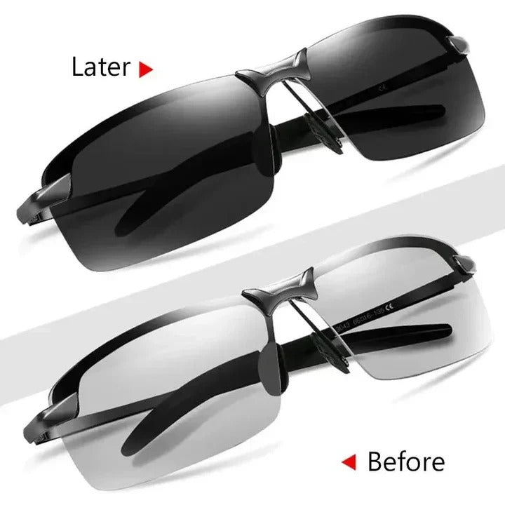Unisex photochromic polarized sunglasses for outdoor adventures. Light-adaptive lenses offer UV protection & glare control.