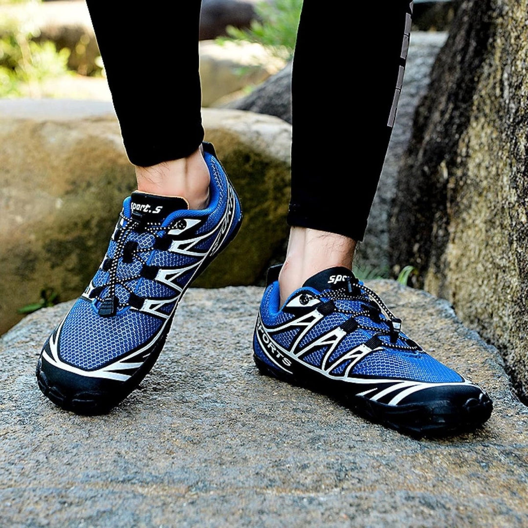 Blue unisex lightweight barefoot cycling shoes, perfect for road and trail cycling performance.