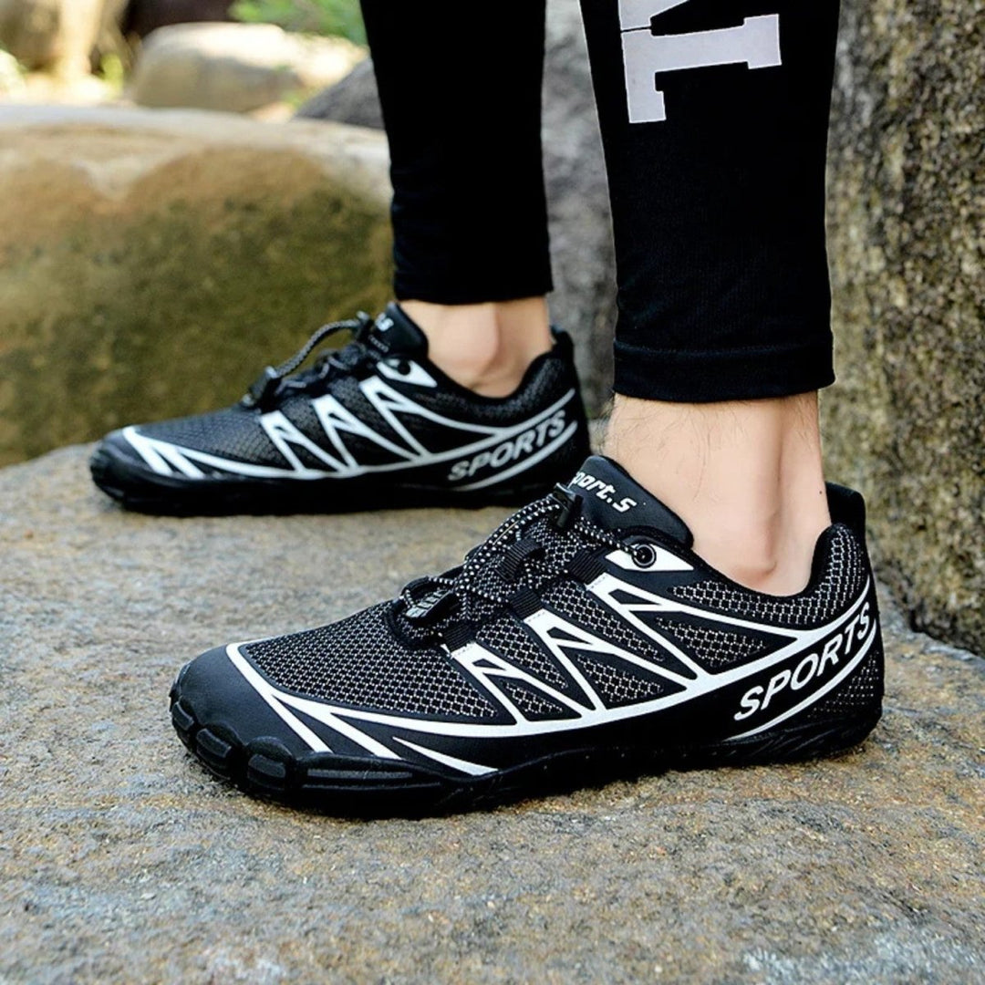 Black unisex athletic cycling shoes, lightweight barefoot design for superior road & trail comfort.