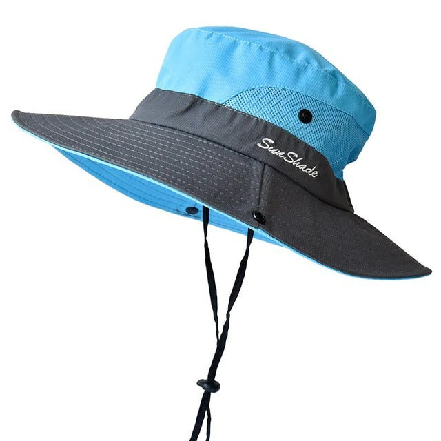 Adjustable UPF 50+ UV protection hat, breathable & quick-drying for comfortable all-day sun shielding.