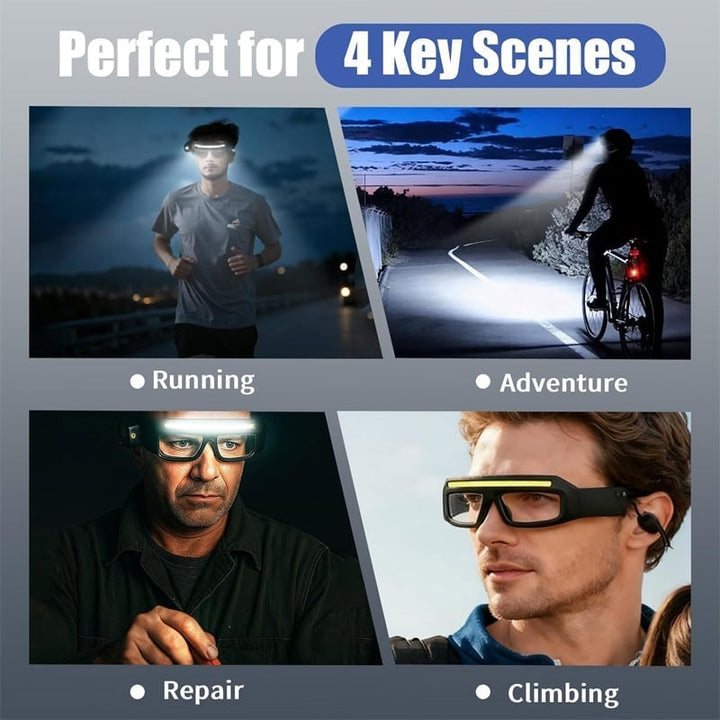 Headlamp worn by a person during a night hike, highlighting its ergonomic design.