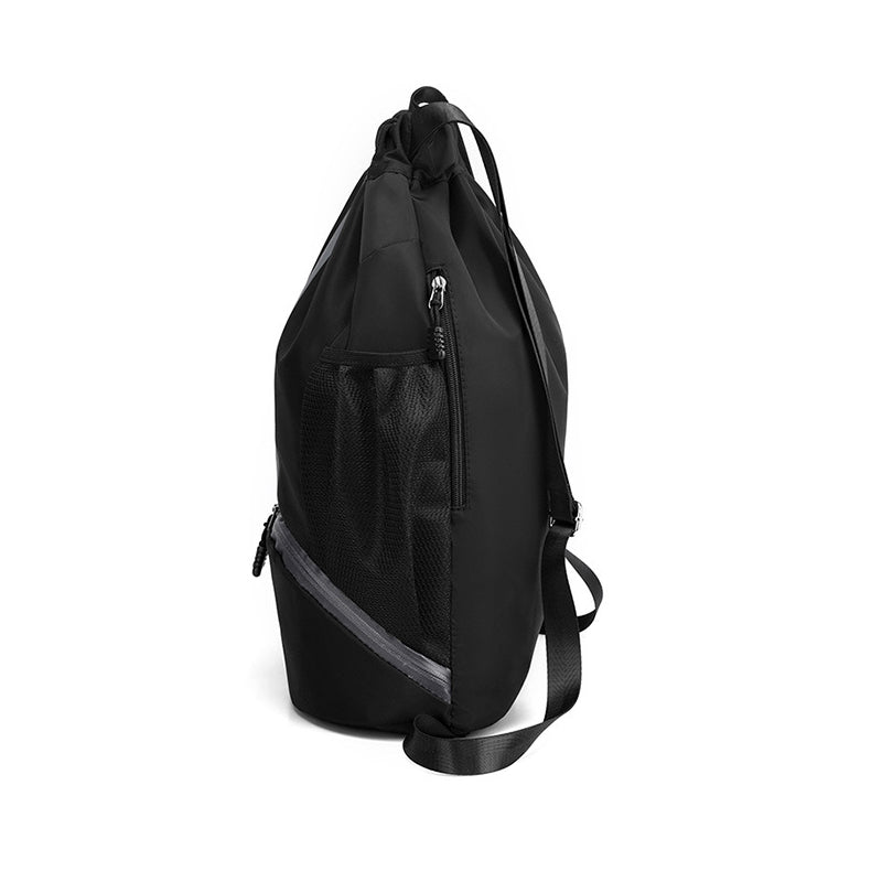 Black nylon drawstring backpack, a simple yet effective solution for school or gym.
