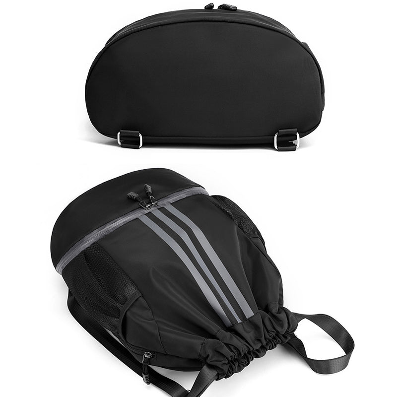 Sports-ready black nylon drawstring bag, lightweight and designed for active lifestyles.