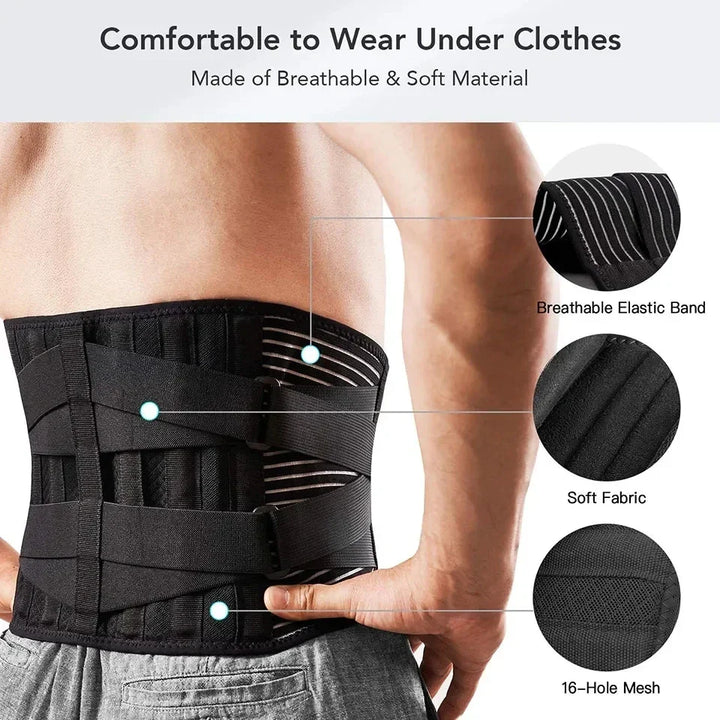 Adjustable unisex back belt for 360° lumbar support, comfortable pain relief & improved posture.