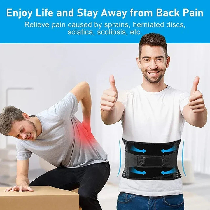 Person wearing a unisex back posture corrector belt, offering discreet lumbar support & pain relief.