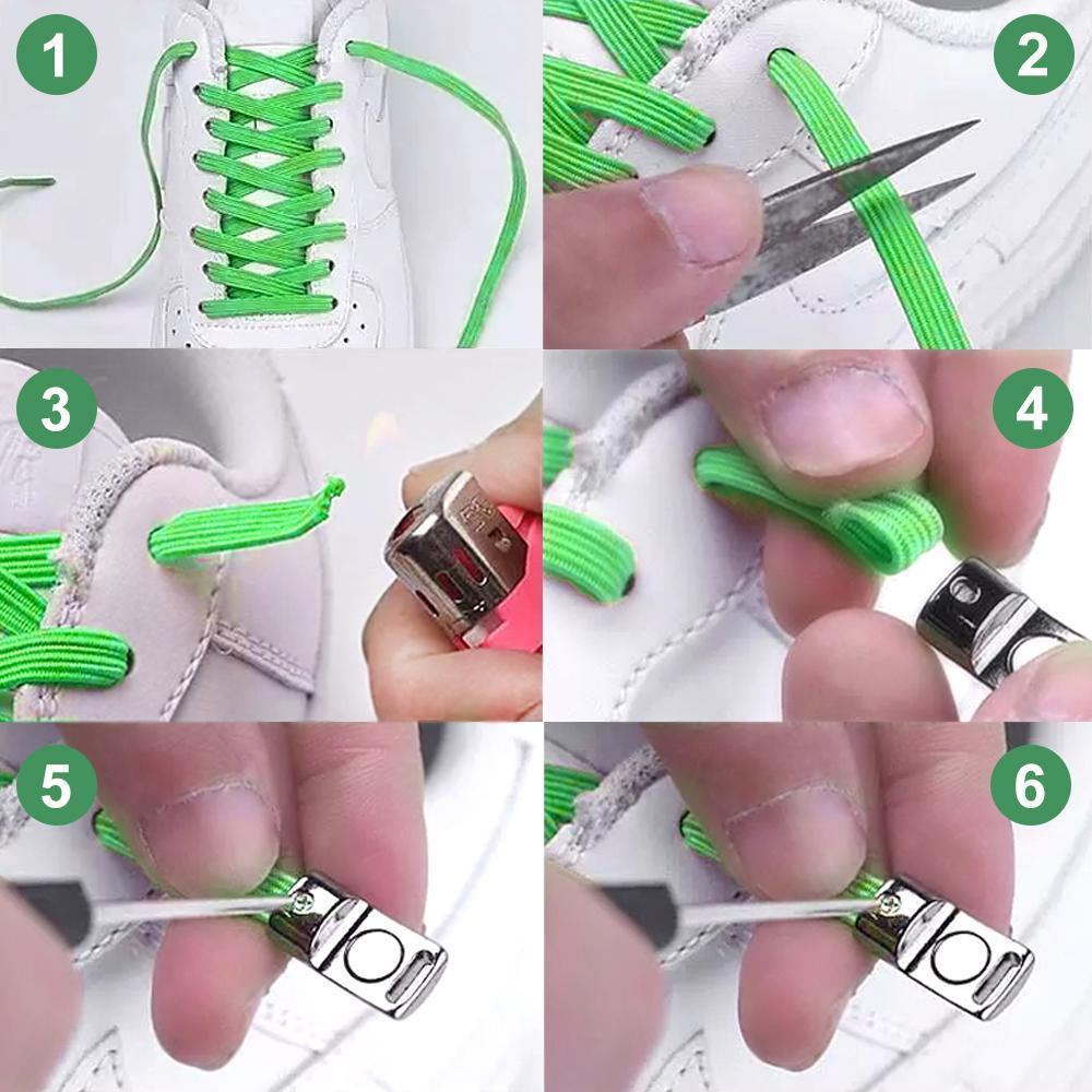 Person demonstrating how to use the quick-lock magnetic shoelaces