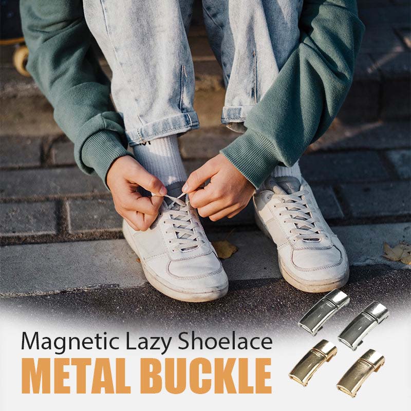 Close-up of magnetic shoelace buckle securely fastened, showing sturdy zinc alloy design
