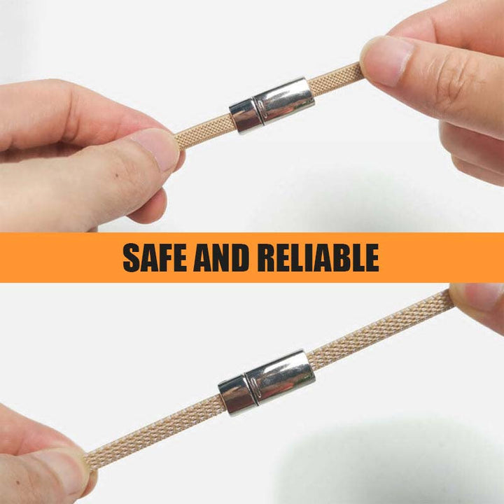 Installation guide for magnetic shoelace buckles, demonstrating simple attachment process