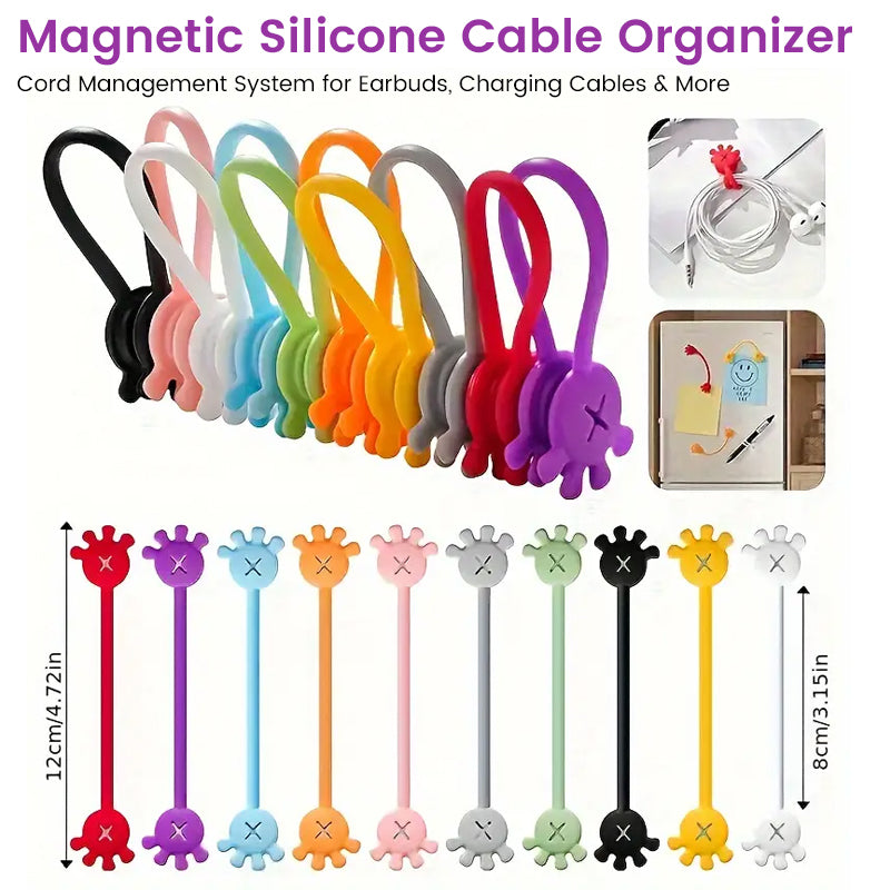 Unisex magnetic silicone cable organizer clip, bright red, securing a charging cable on a desk.