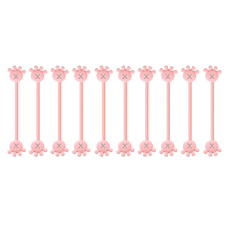 Magnetic silicone cable organizer clips being used to color-code different cables on a network panel.