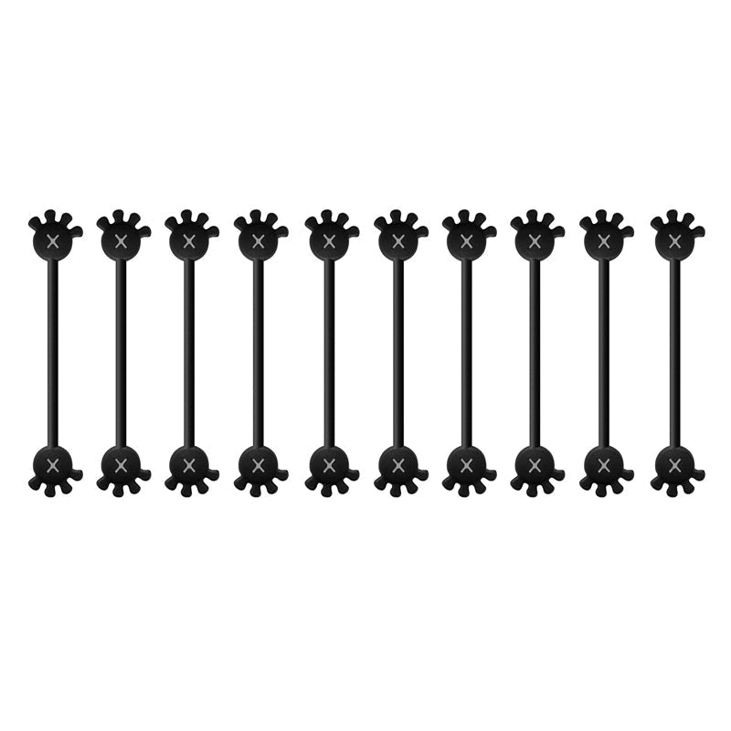 Unisex magnetic silicone cable organizer clip, demonstrated holding a pair of glasses on a shirt.