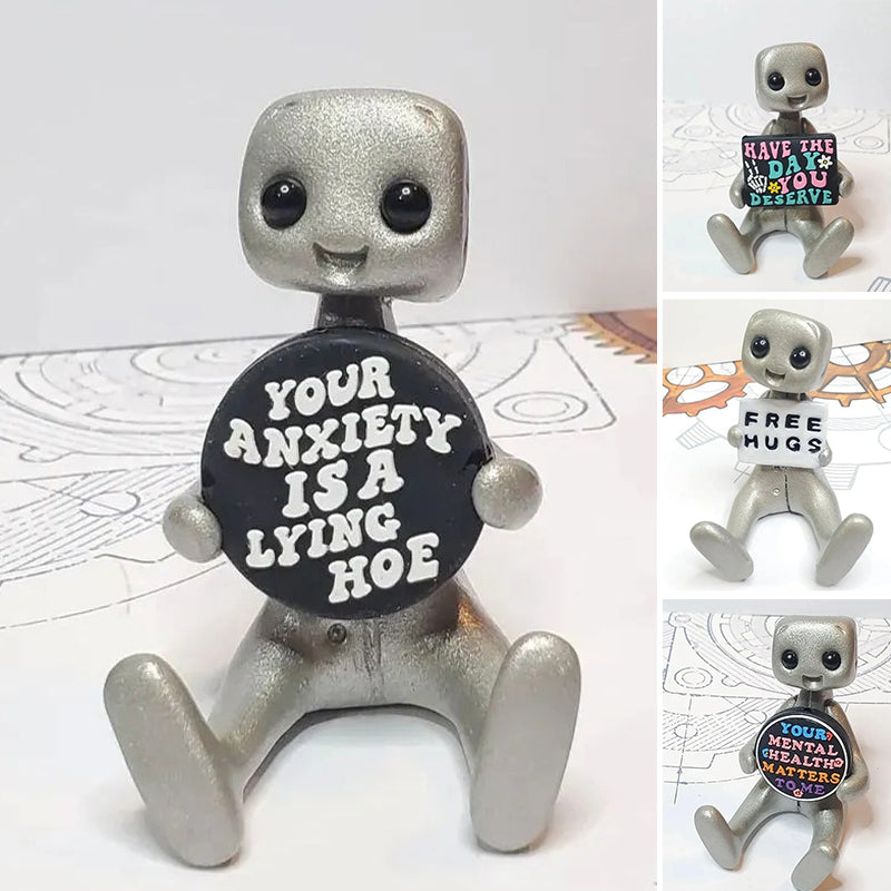 Inspirational robot desk companion, a unique mental health figurine for office desks