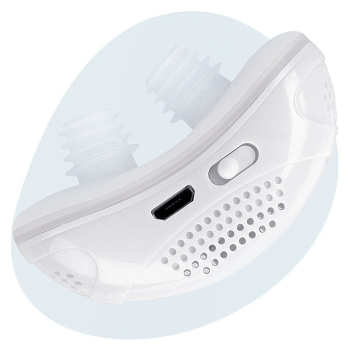 Person wearing a hoseless micro CPAP device, enjoying quiet, snore-free sleep. Effective sleep apnea solution.