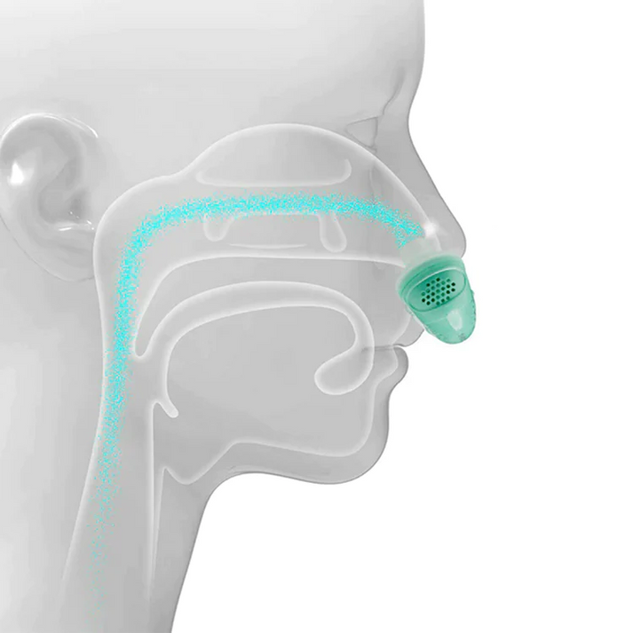 Detail of the innovative Micro CPAP machine, designed for anti-snore and sleep apnea relief. Advanced breathing aid.