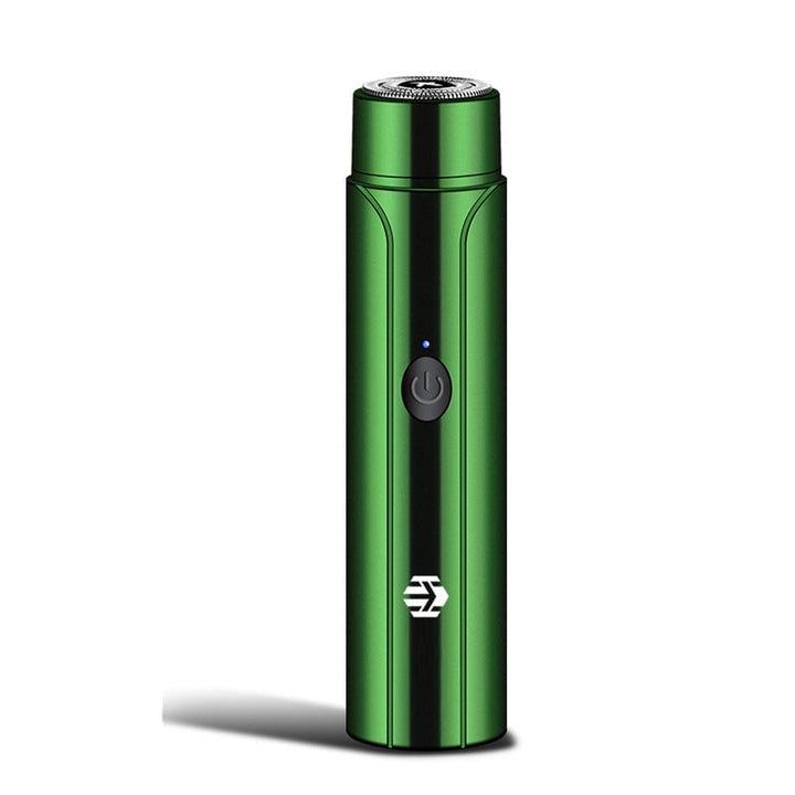 Portable electric shaver, shown in hand to illustrate compact size & usability