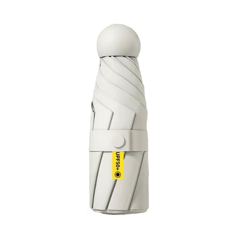 Compact travel umbrella in different stages of folding, showcasing its portability
