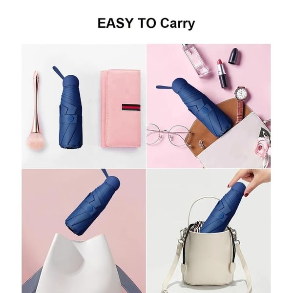 Folded mini travel umbrella in a small pouch, ideal for backpacks and purses, rain gear