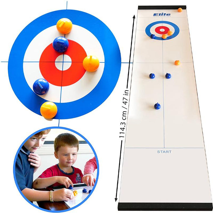 Family-friendly tabletop curling set with a smooth playing surface and eight curling stones for competitive fun.