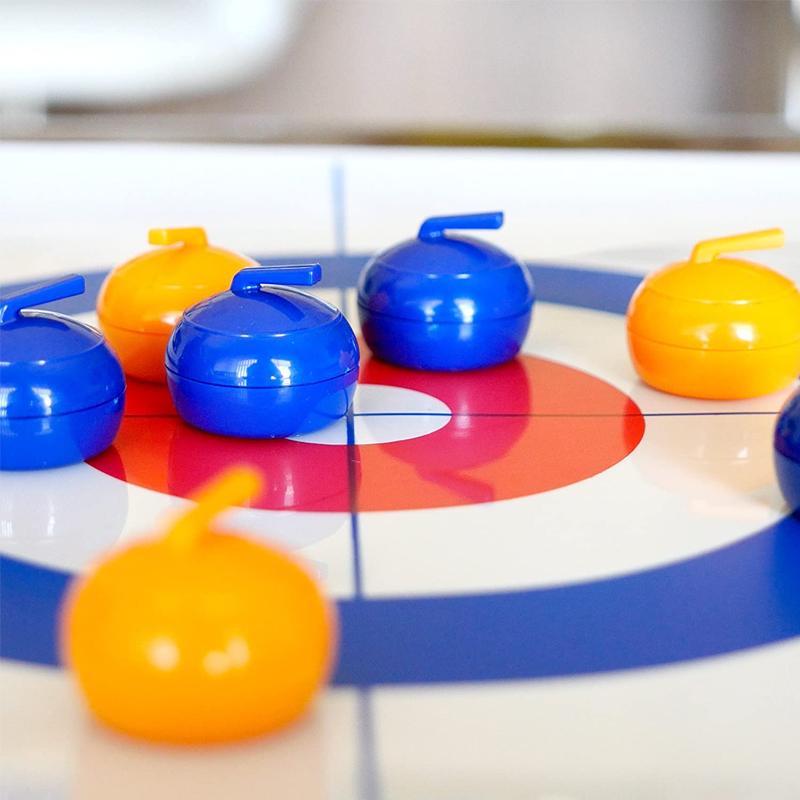Portable mini curling game, ideal for parties and holidays, includes a mat, launch strip, and eight small balls.