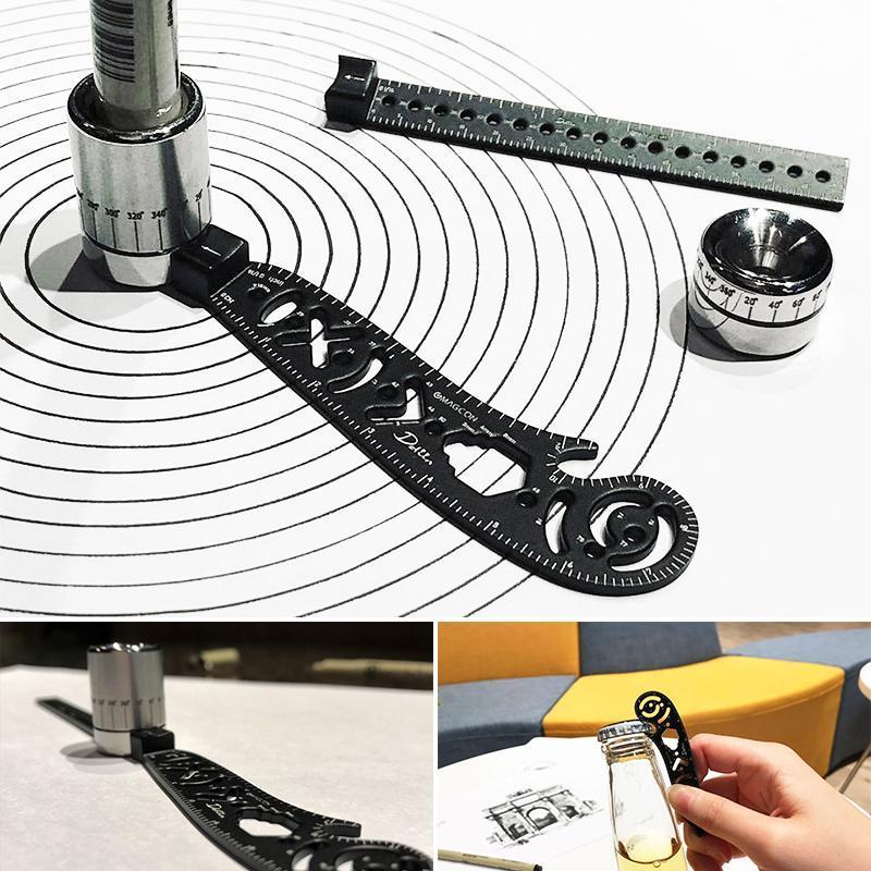 Unisex multi-functional drawing tool and ruler made of metal with compass feature