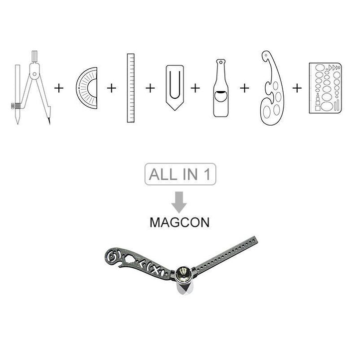 Designer supply drawing multi-tool, includes ruler, compass, and bottle opener