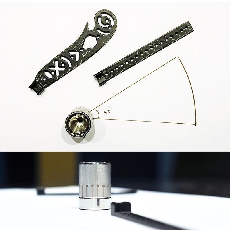Compact metal drawing tool with ruler, compass, and bottle opener for designers