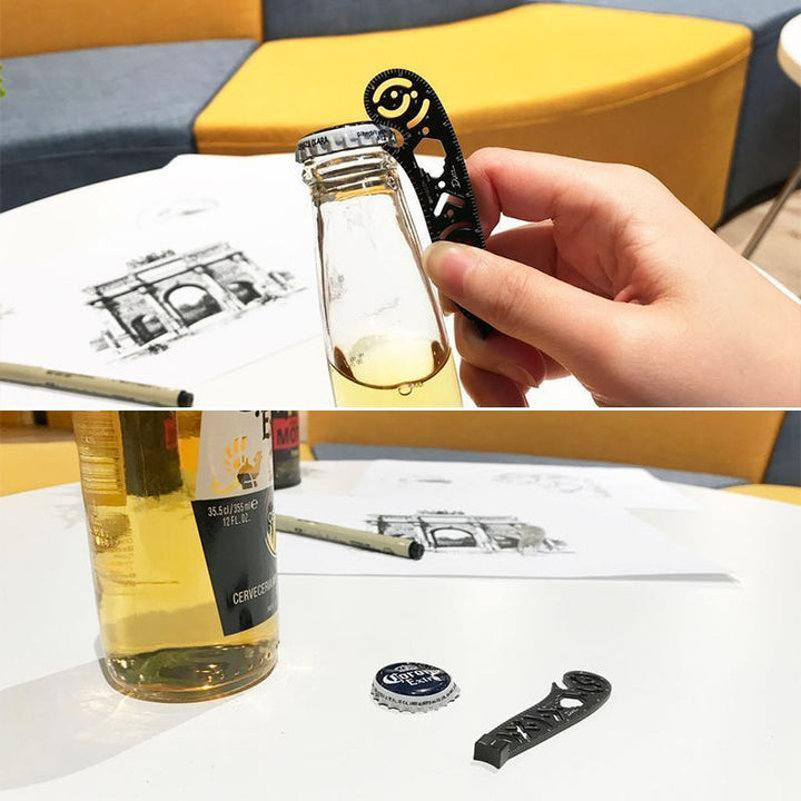 Innovative multi-function drawing tool featuring ruler, compass, and bottle opener