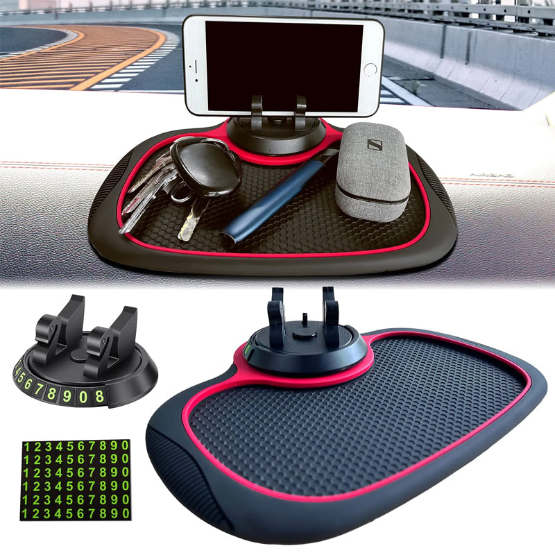 Unisex multifunction car dashboard mat with integrated phone holder and parking plate number display