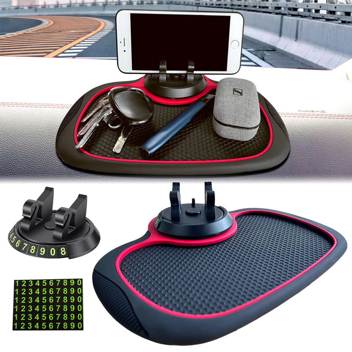 Unisex multifunction car dashboard mat with integrated phone holder and parking plate number display