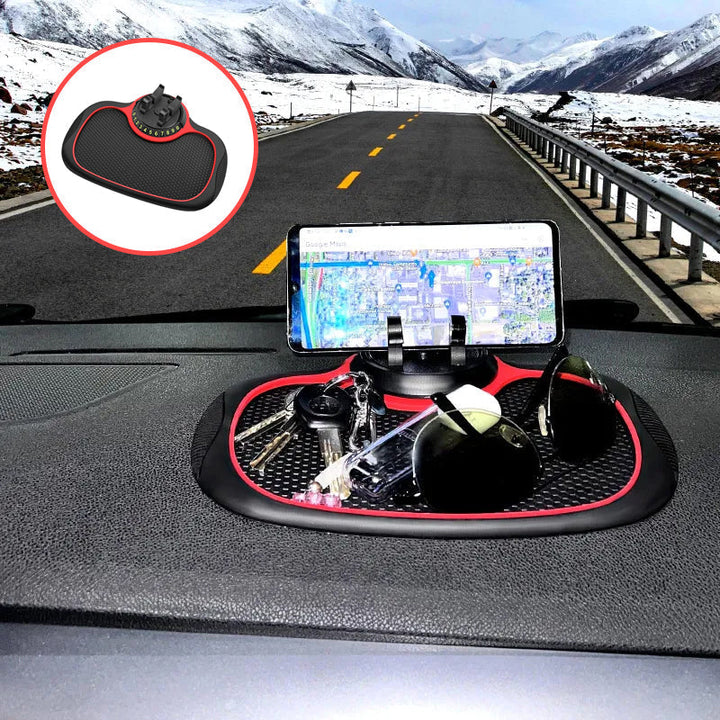 Black PVC car dashboard mat, anti-skid, designed with a phone holder and a temporary parking card display