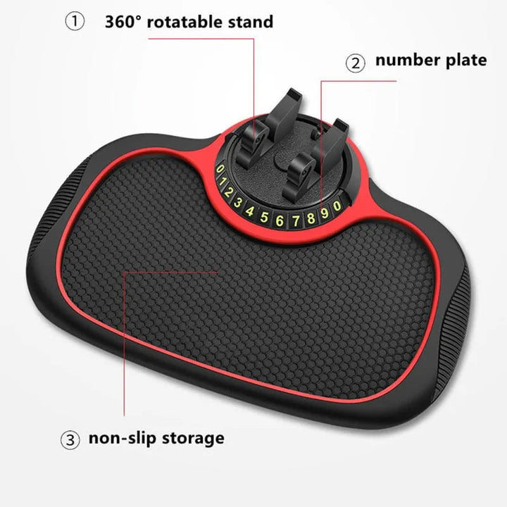 Non-slip PVC car dashboard organizer mat, black, with slots for phone and temporary parking number