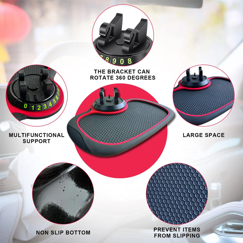 Car accessory: black dashboard mat with phone stand, anti-slip design, ideal for auto organization