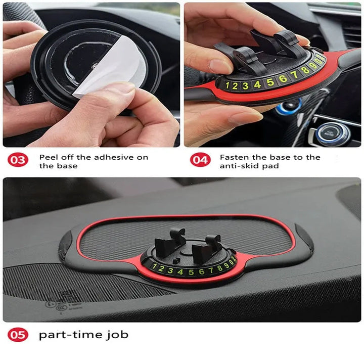 Unisex auto organizer dashboard mat, non-slip PVC, holding smartphone and displaying parking contact