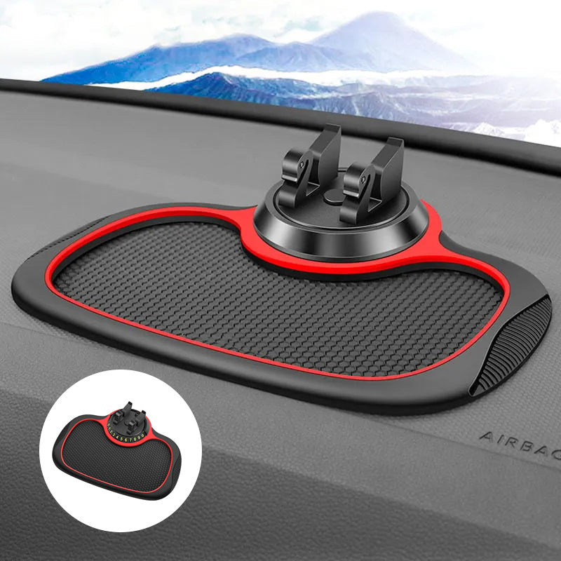 Multipurpose car dashboard mat, non-slip, with phone stand and visible temporary parking number included