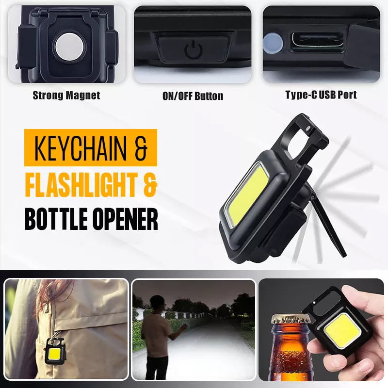 Keychain emergency light showing multiple modes: high, low, strobe, UV
