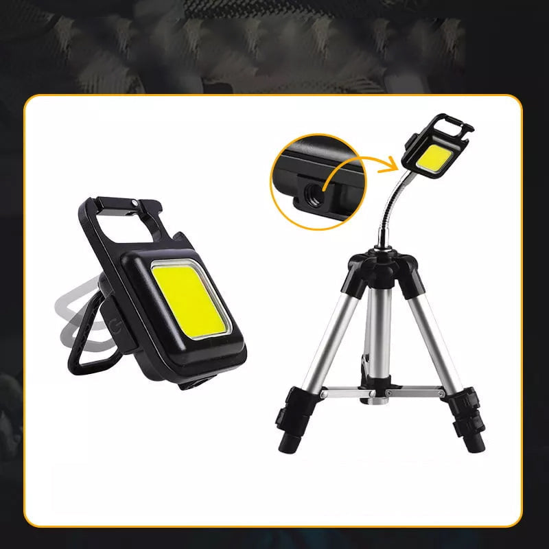 Keychain flashlight illuminating dark area, demonstrating bright COB LED output