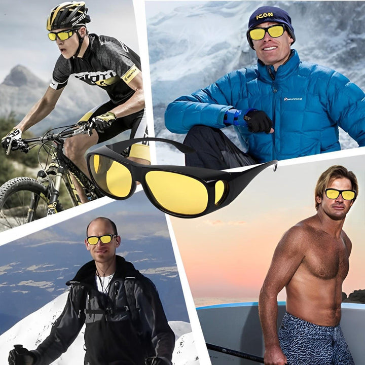 Yellow-tinted unisex night vision glasses reducing glare for safer night driving & enhanced road visibility.