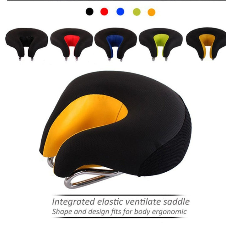 Padded nose-less bicycle saddle, unisex & shock absorbing. Ideal bike seat for mountain biking and road cycling.